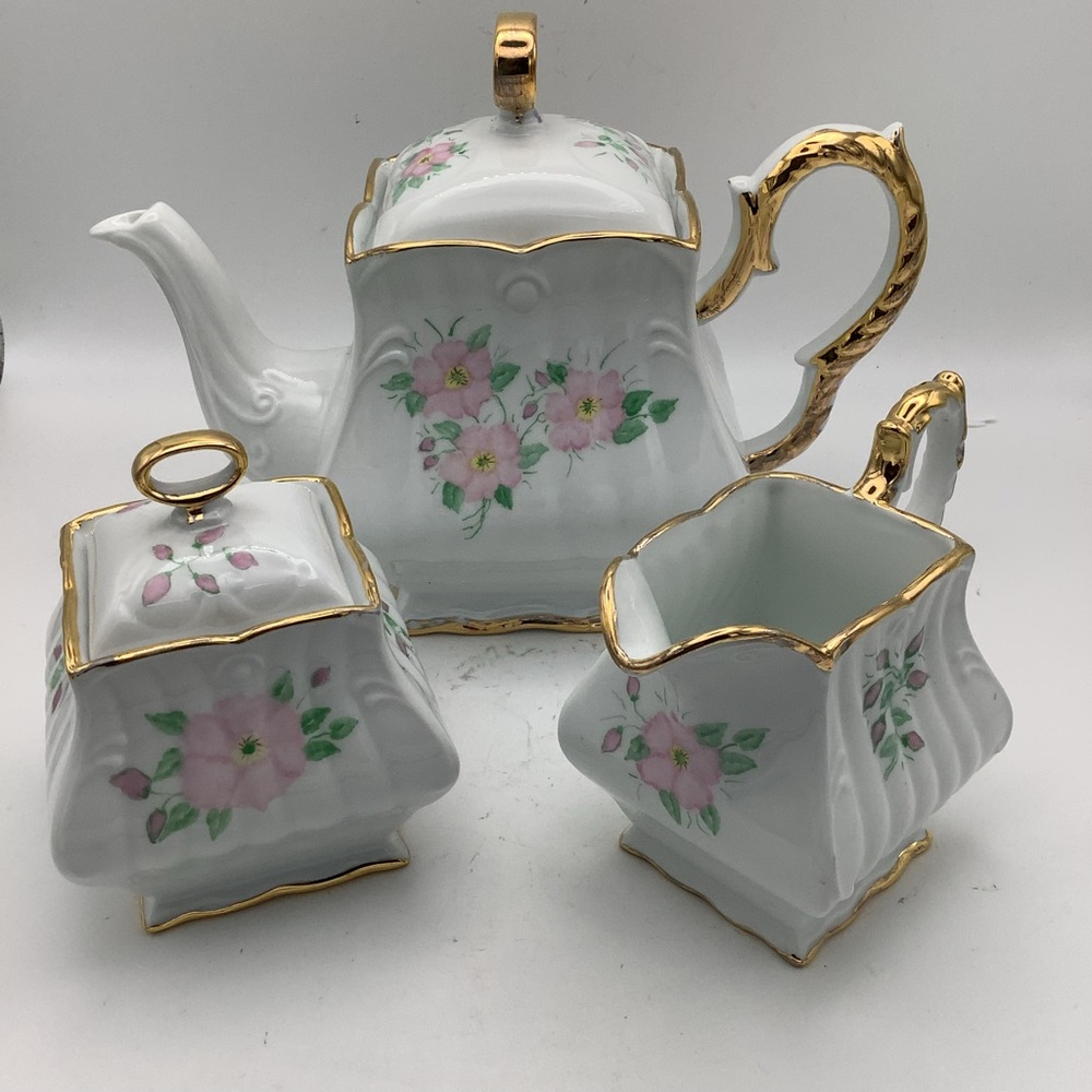 Hand Painted Pink Flowered Tea Set with Gold Accents
